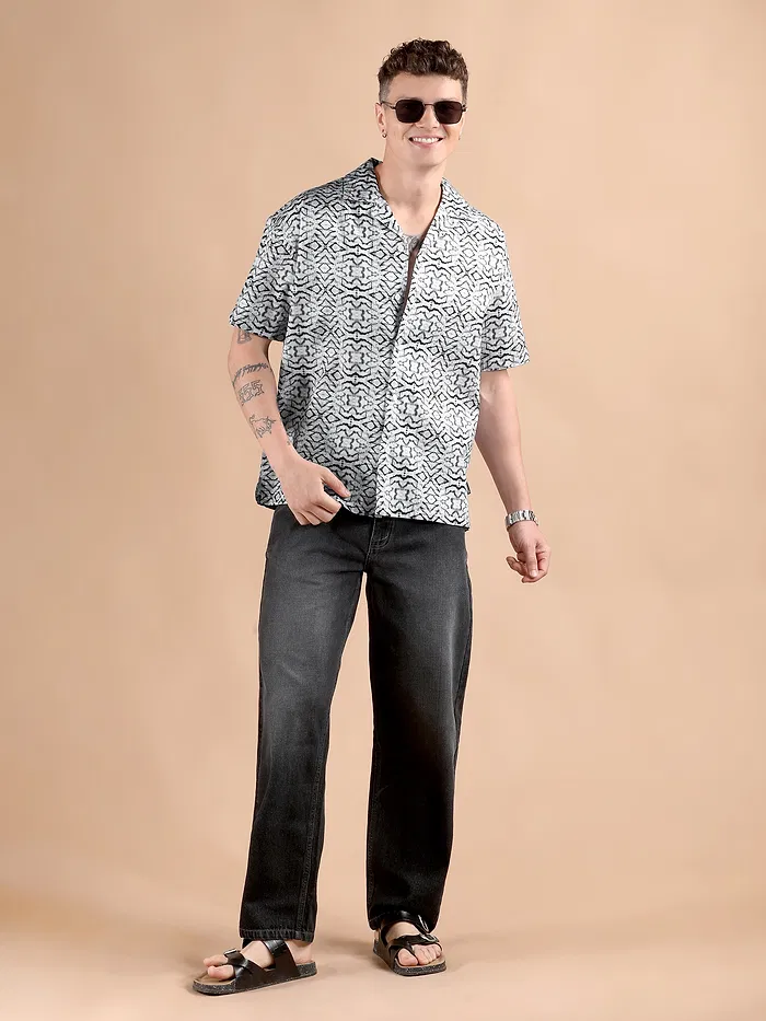 White and Black Printed Cuban Shirt